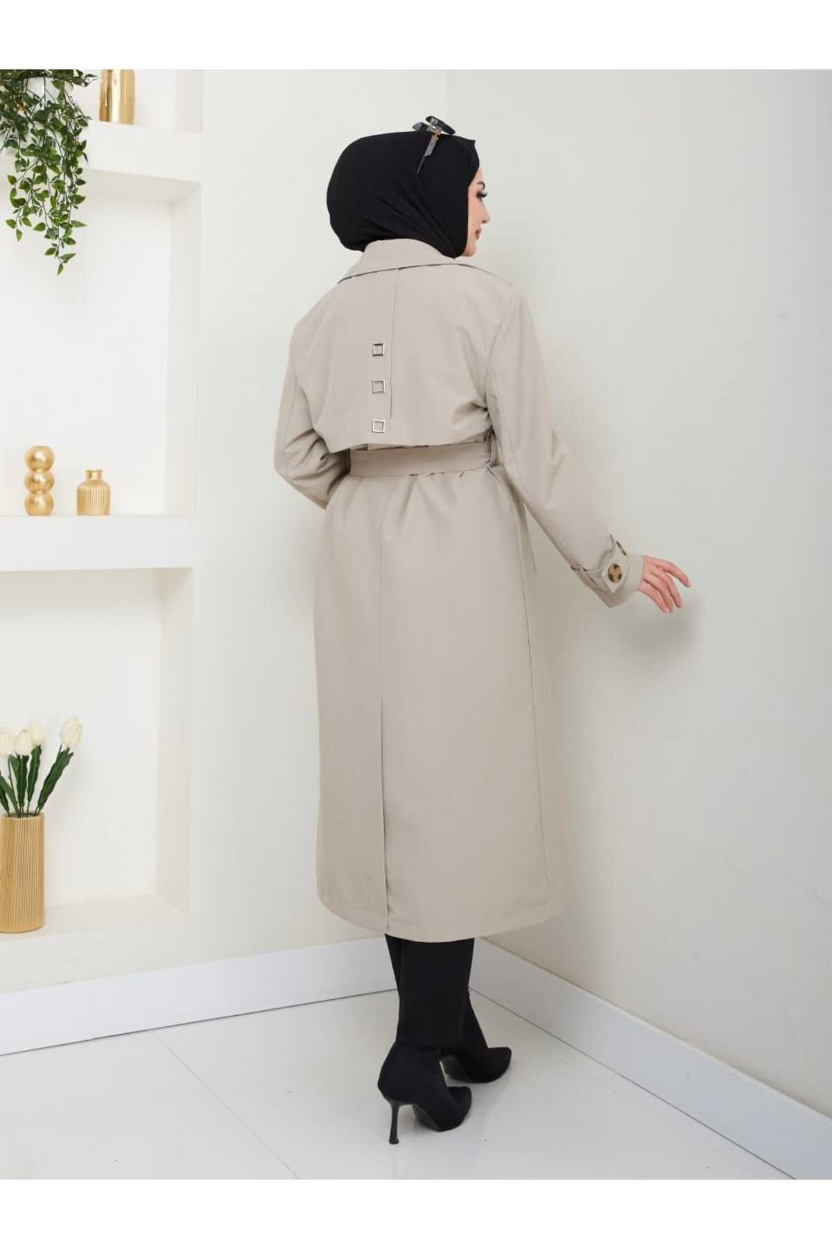 ELBİSHE-Slit-Looking Trench Coat with Waist Tie Back Detail 2