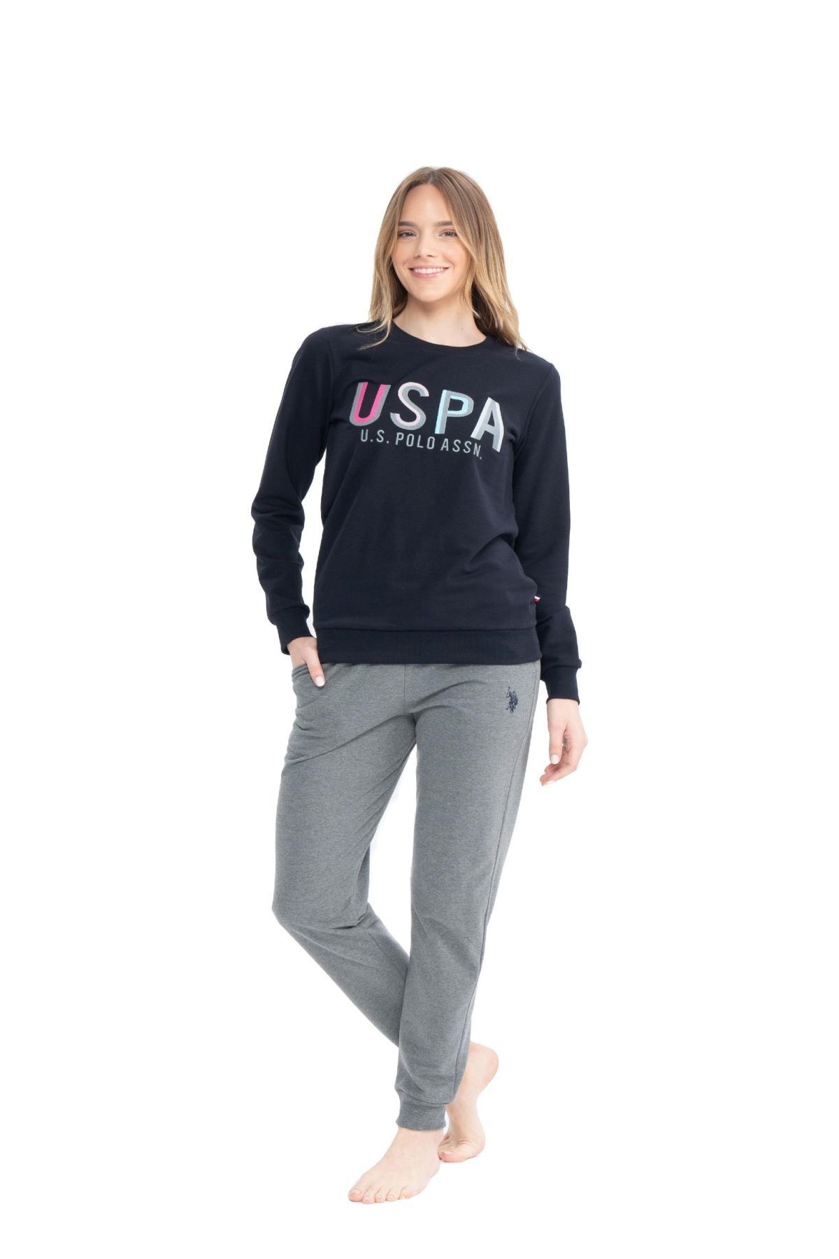 U.S. Polo Assn. Baza. Polo Assn. 17074 - Set De Pijamale Cu Mânecă Lungă, Albastru Bleumarin, Cu Gât Rotund Femeie - S