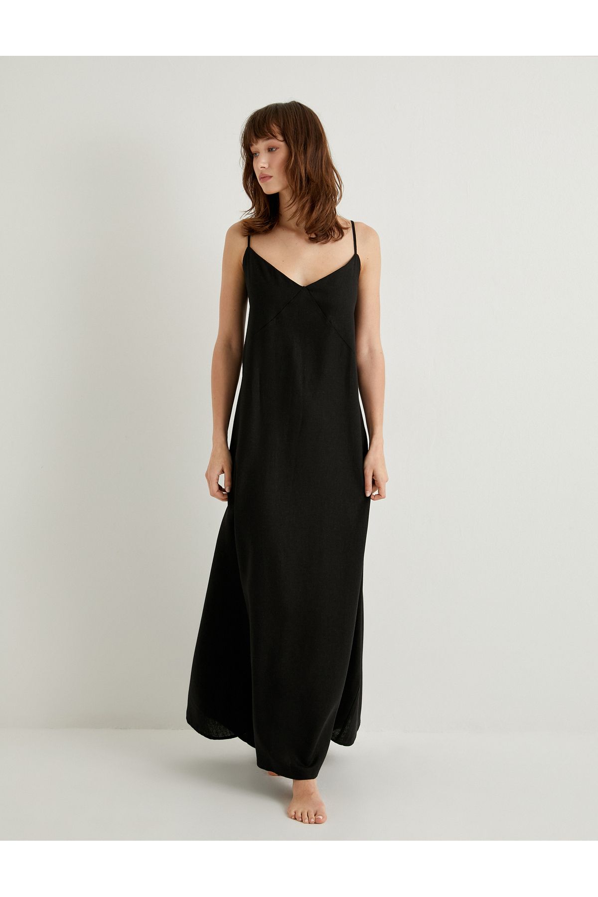 Koton-Langes Strandkleid mit V-Ausschnitt, Leinen-Viskose-Mischung, entspannte Passform 3