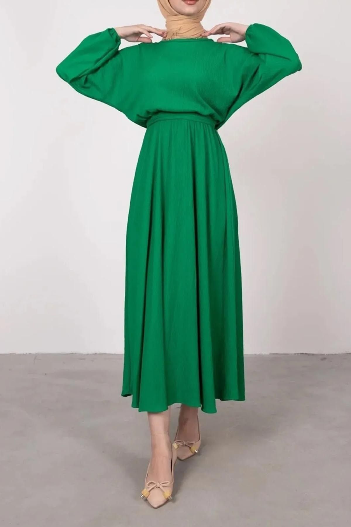 Swana-Γυναικείο Hijab φόρεμα Grass Green - Αυτο-υφή, Άνετο Flared 3