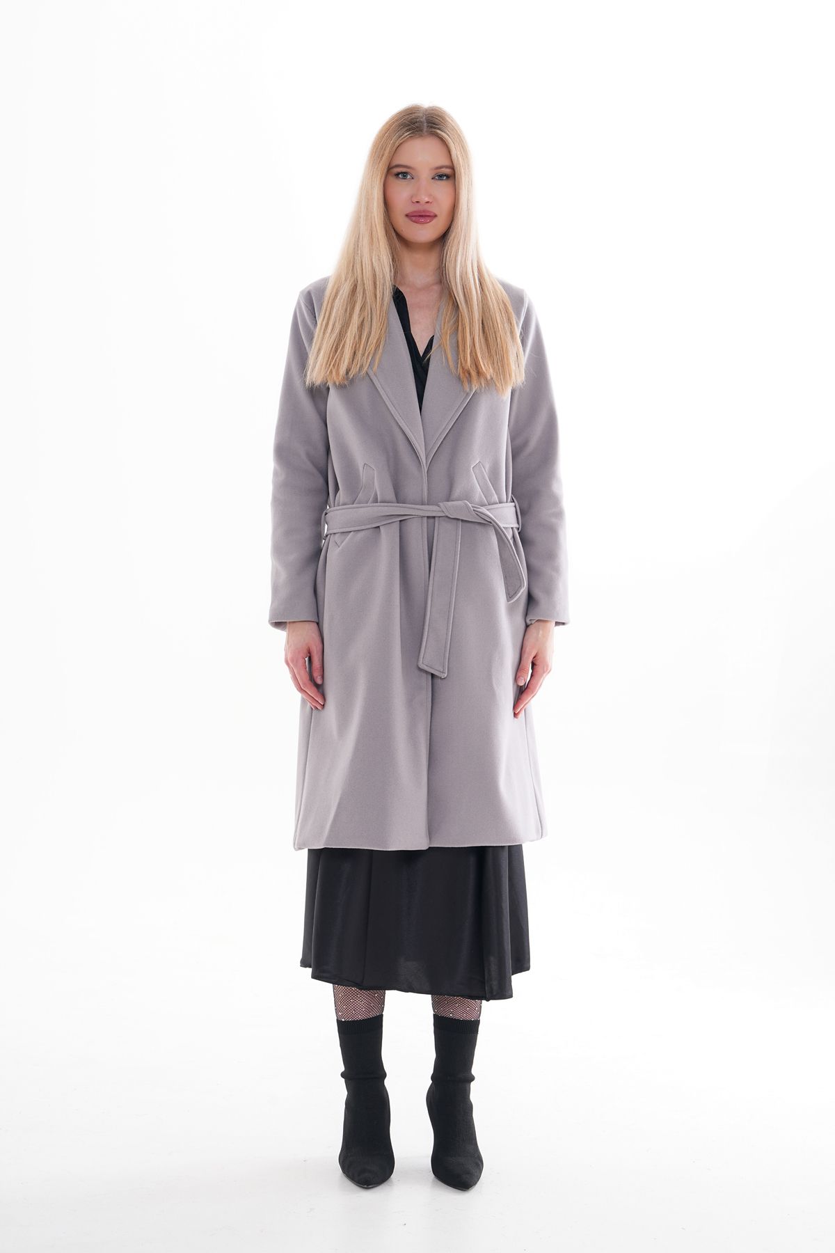 CurcunaShop-Knielanger, langer Wintermantel aus Kaschmir für Damen – Dunkelgrau mit Futter, Gürtel und Taschen 7