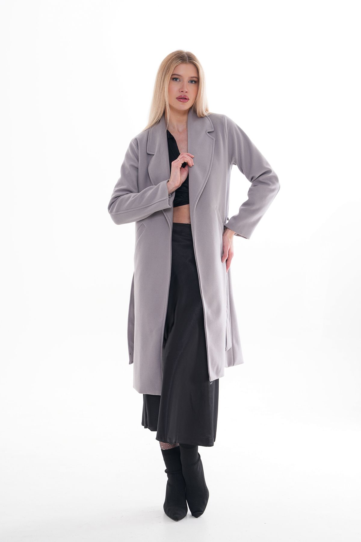 CurcunaShop-Knielanger, langer Wintermantel aus Kaschmir für Damen – Dunkelgrau mit Futter, Gürtel und Taschen 4