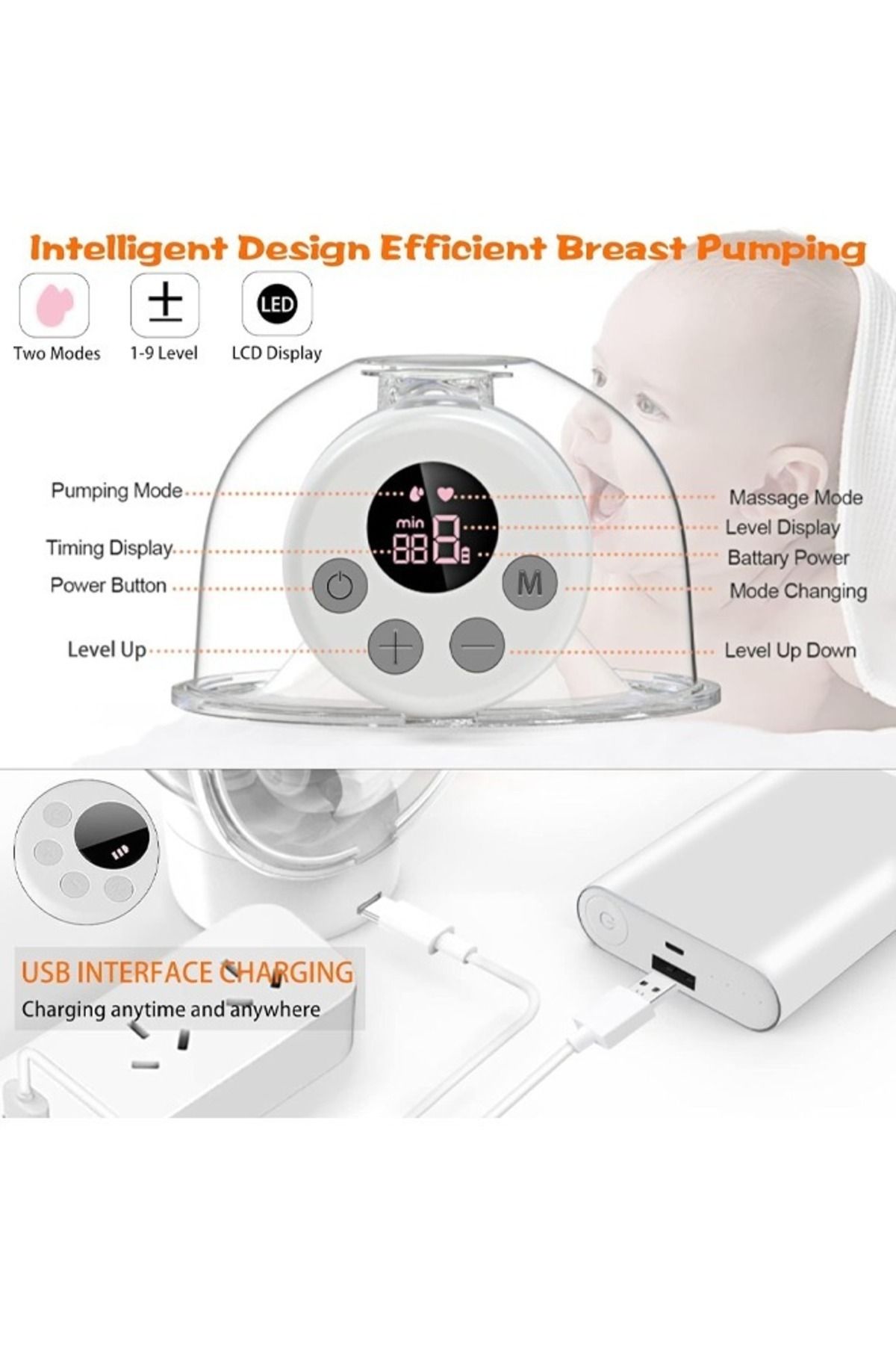 Cady One-2 Wearable Electric Breast Pump with LCD Display, 9 Levels and 2 Modes Rechargeable 5