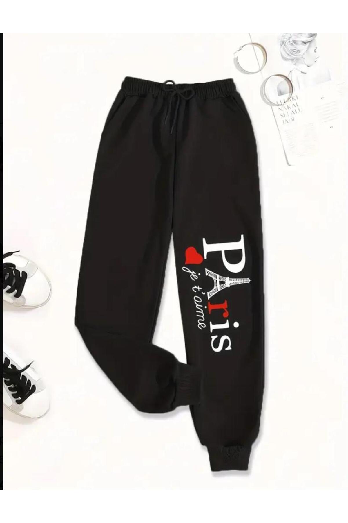 Women's Paris Printed Jogger Comfort Fit Mould Black Sweatpants