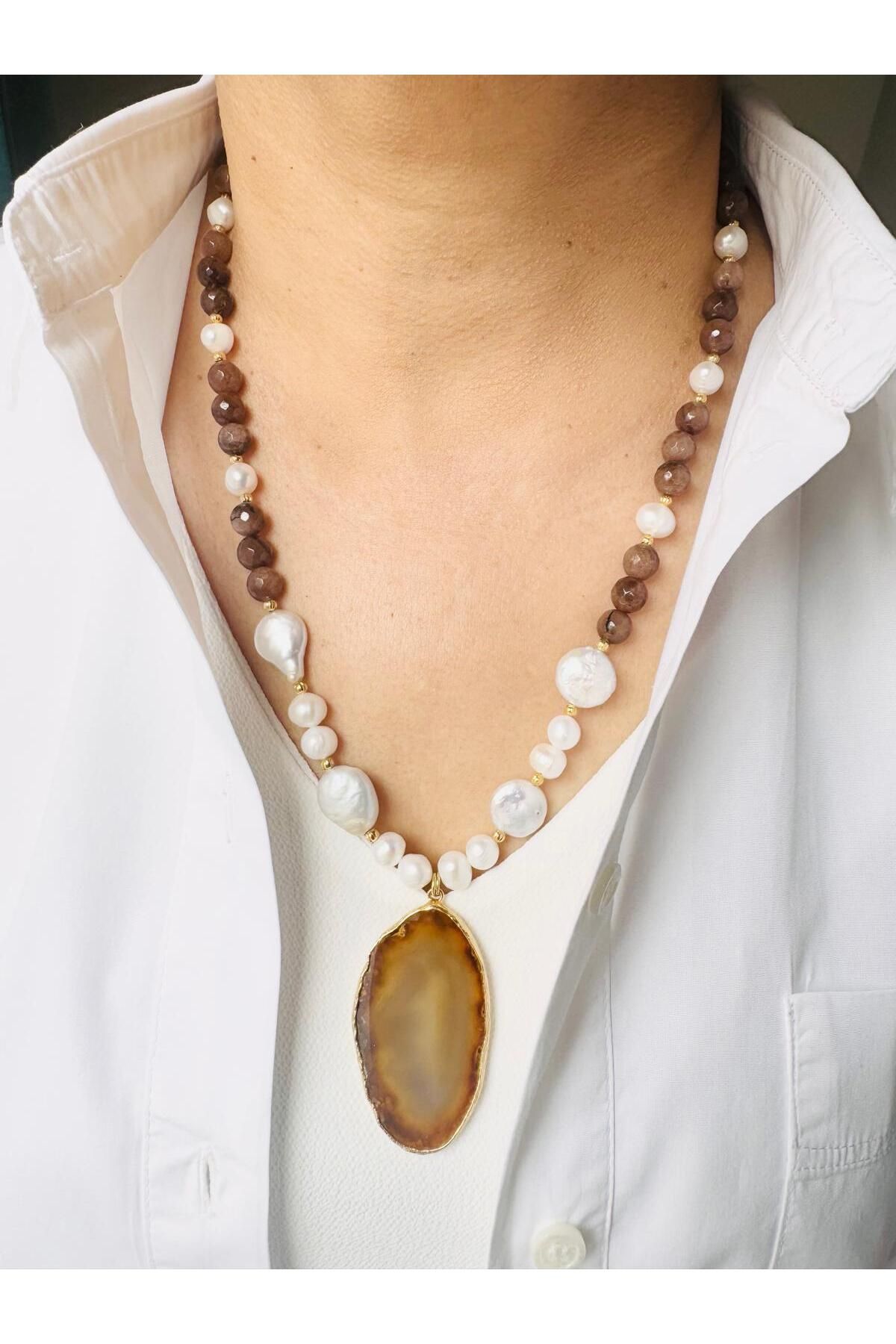 DEVİ fashion-Real Pearl and Natural Stone Design Necklace 58 cm 3