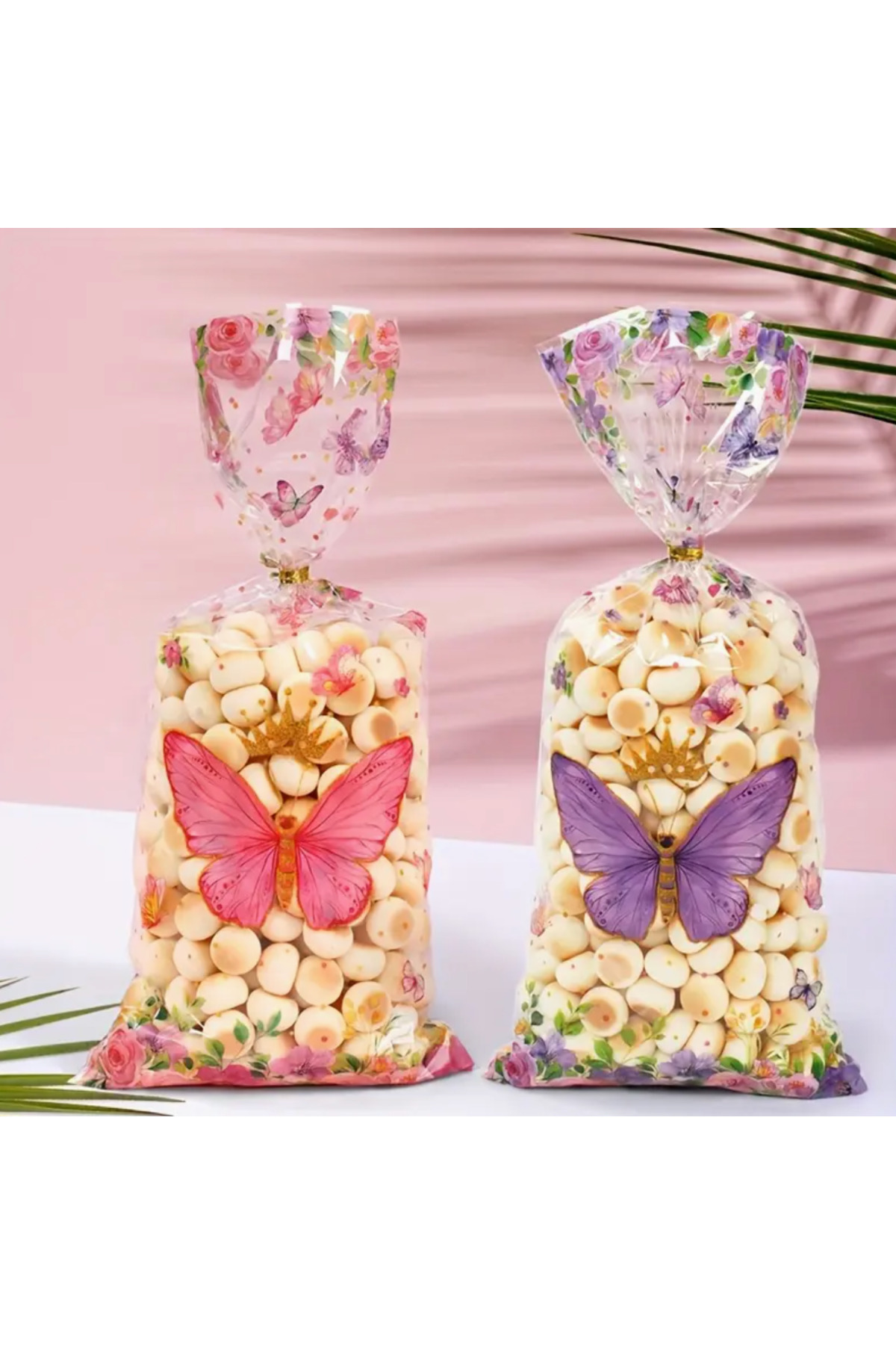 ÇET PACK 10 ADET ŞEFFAF MOR KELEBEK DESENLİ ŞEKER POŞETİ HEDİYE ÇANTALARI DOĞUM GÜNÜ PARTİ SÜSLERİ 28X13