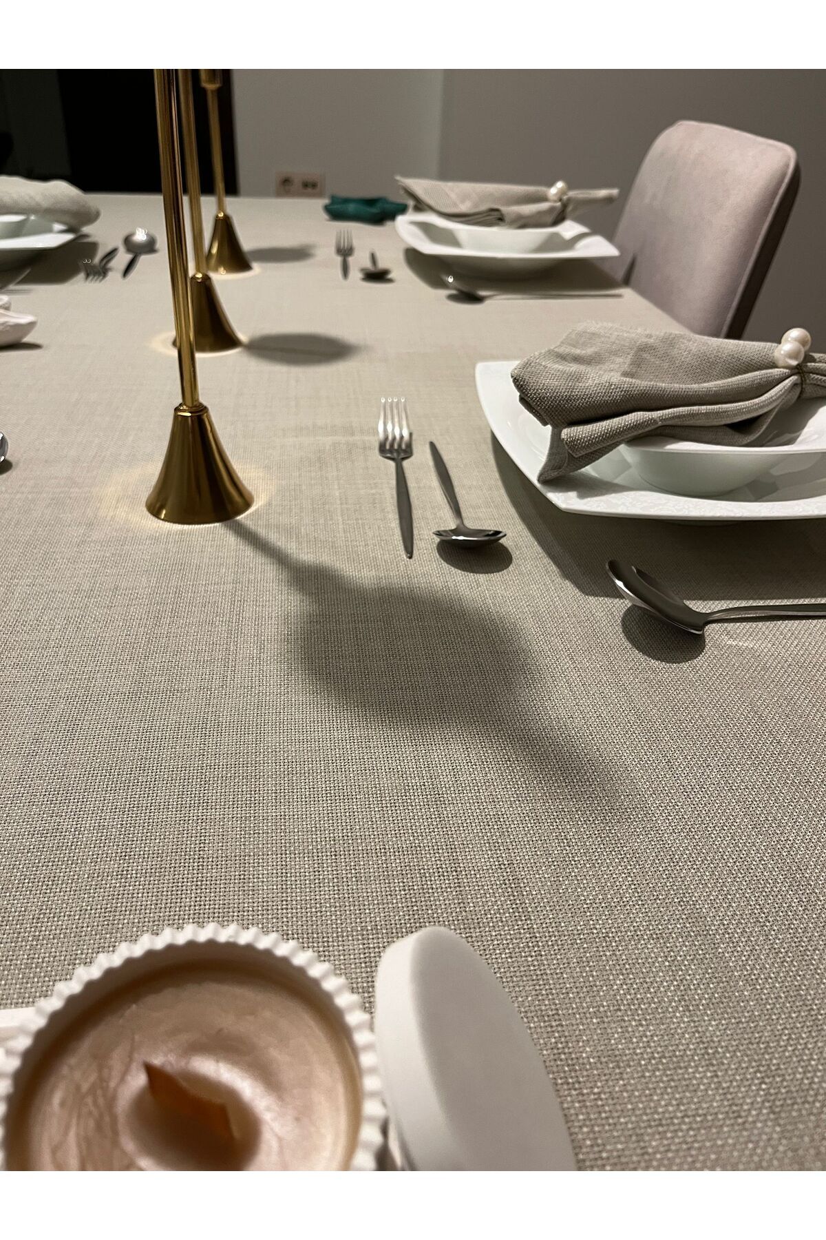 Zeren Home-Polyester Linen Linen Dartless Tablecloth Stone Color + 6 Napkins 7
