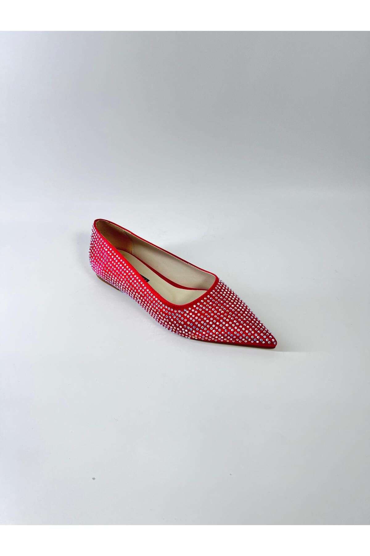 Trendlov-Red Stone Covered Pointed Toe Sparkling Ballerinas 4