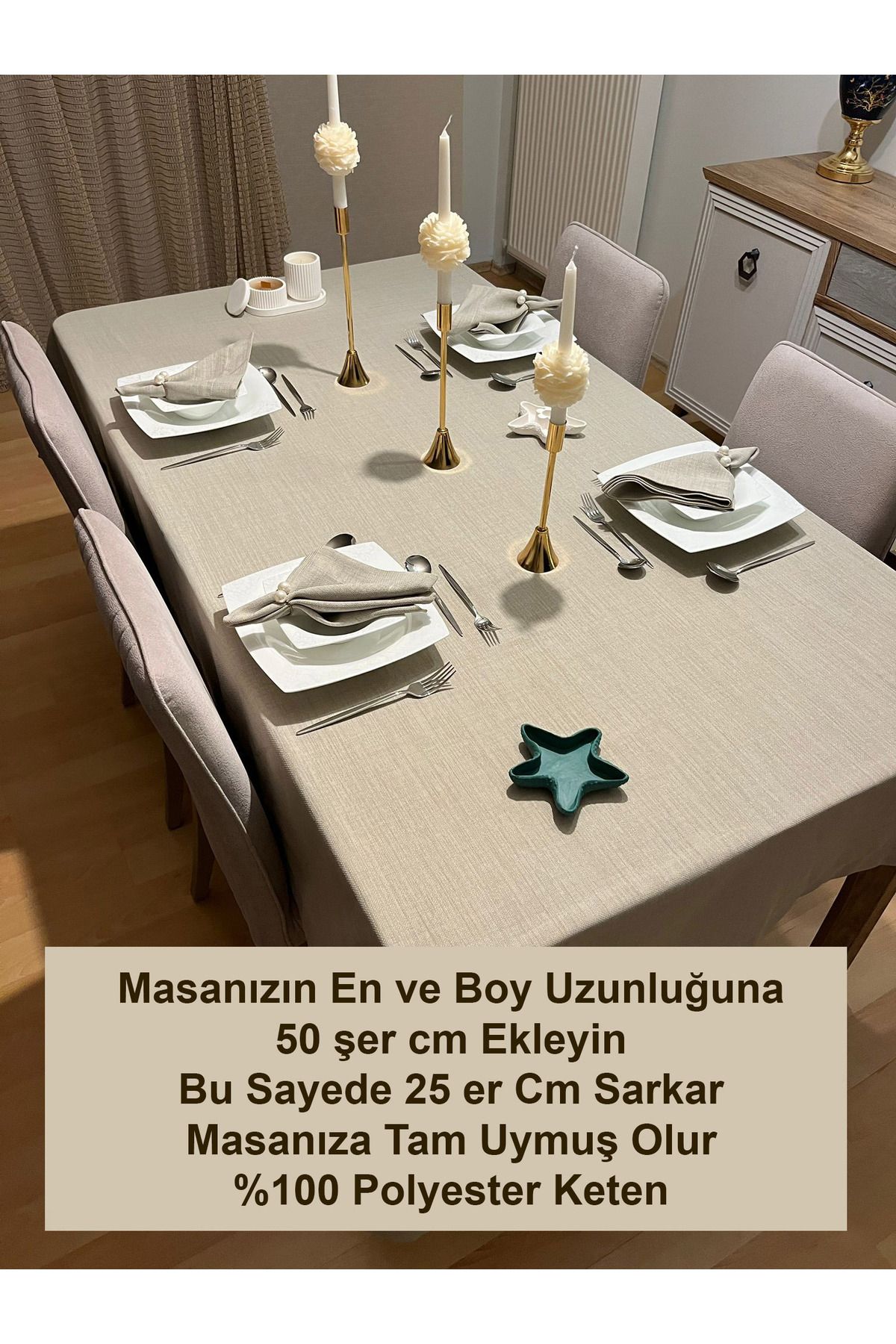 Zeren Home-Polyester Linen Linen Dartless Tablecloth Stone Color + 6 Napkins 2