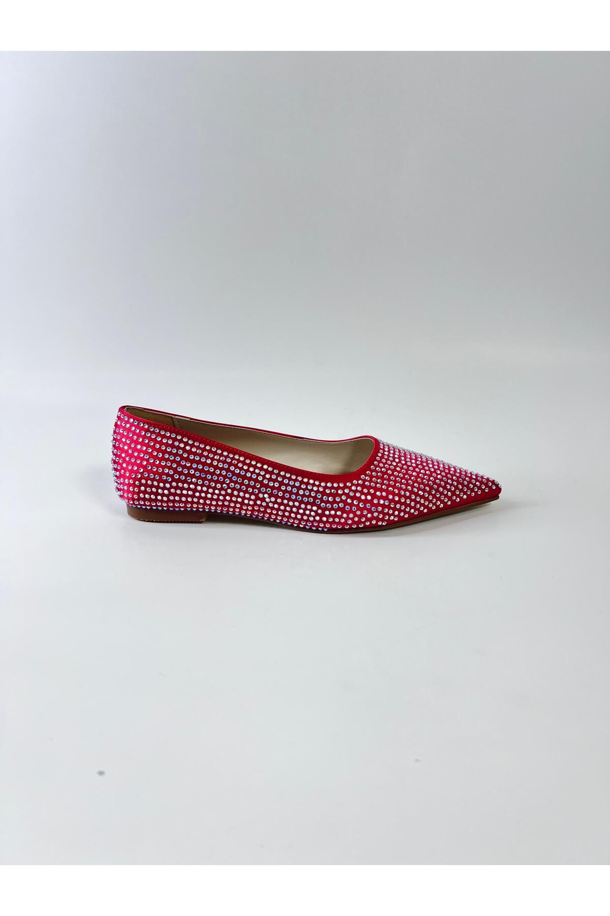 Trendlov-Red Stone Covered Pointed Toe Sparkling Ballerinas 5