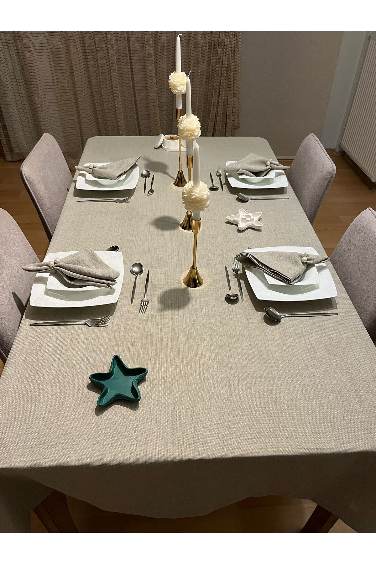 Zeren Home-Polyester Linen Linen Dartless Tablecloth Stone Color + 6 Napkins 5