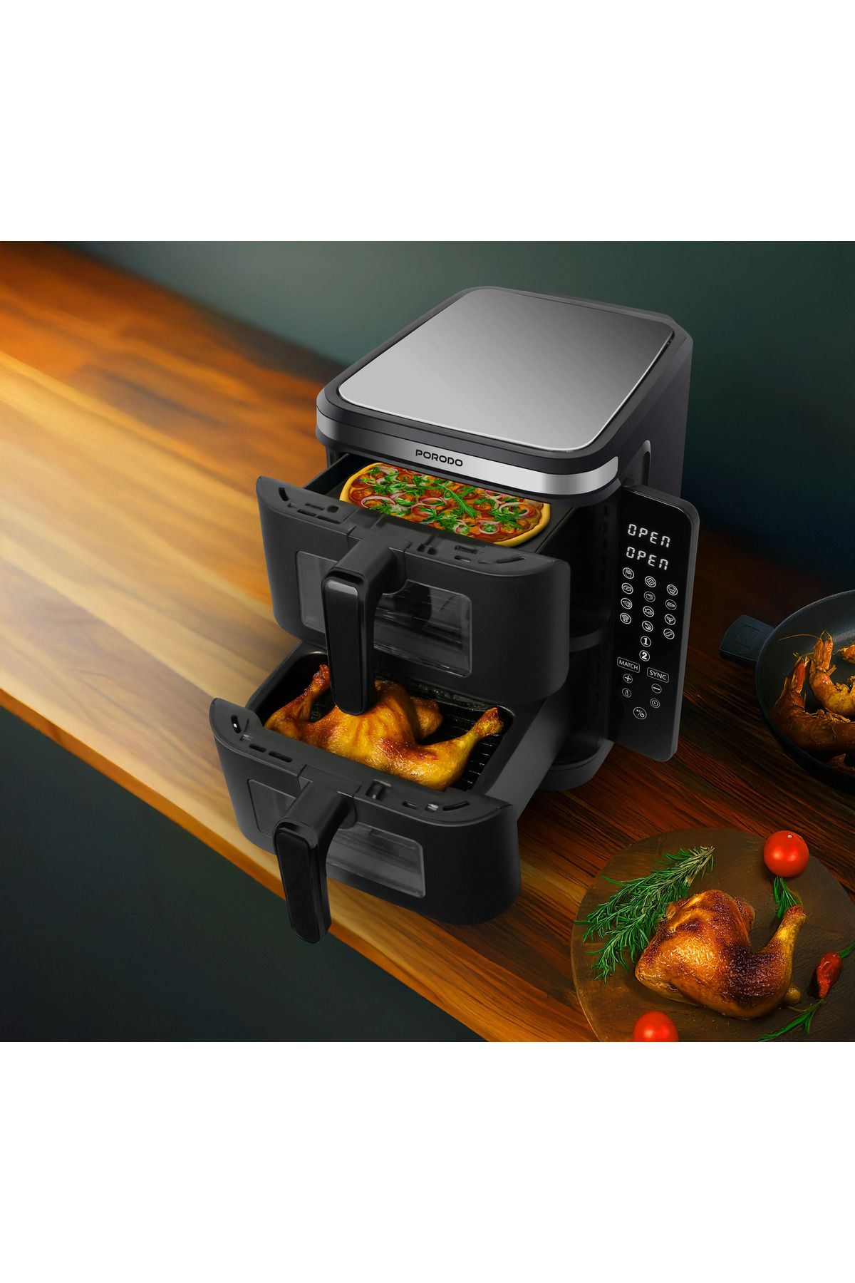 porodo-Lifestyle 2800W 2-Stack Air Fryer With Transparent Windows - Black 6