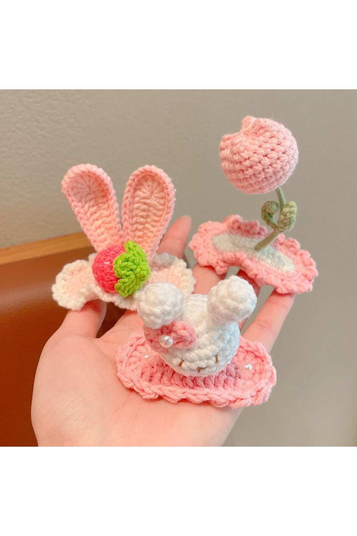 Pink 3-Piece Snap Buckle Niche Product Organic Handmade Unique Hair Accessories ( Rabbit-Strawberry-Tulip )