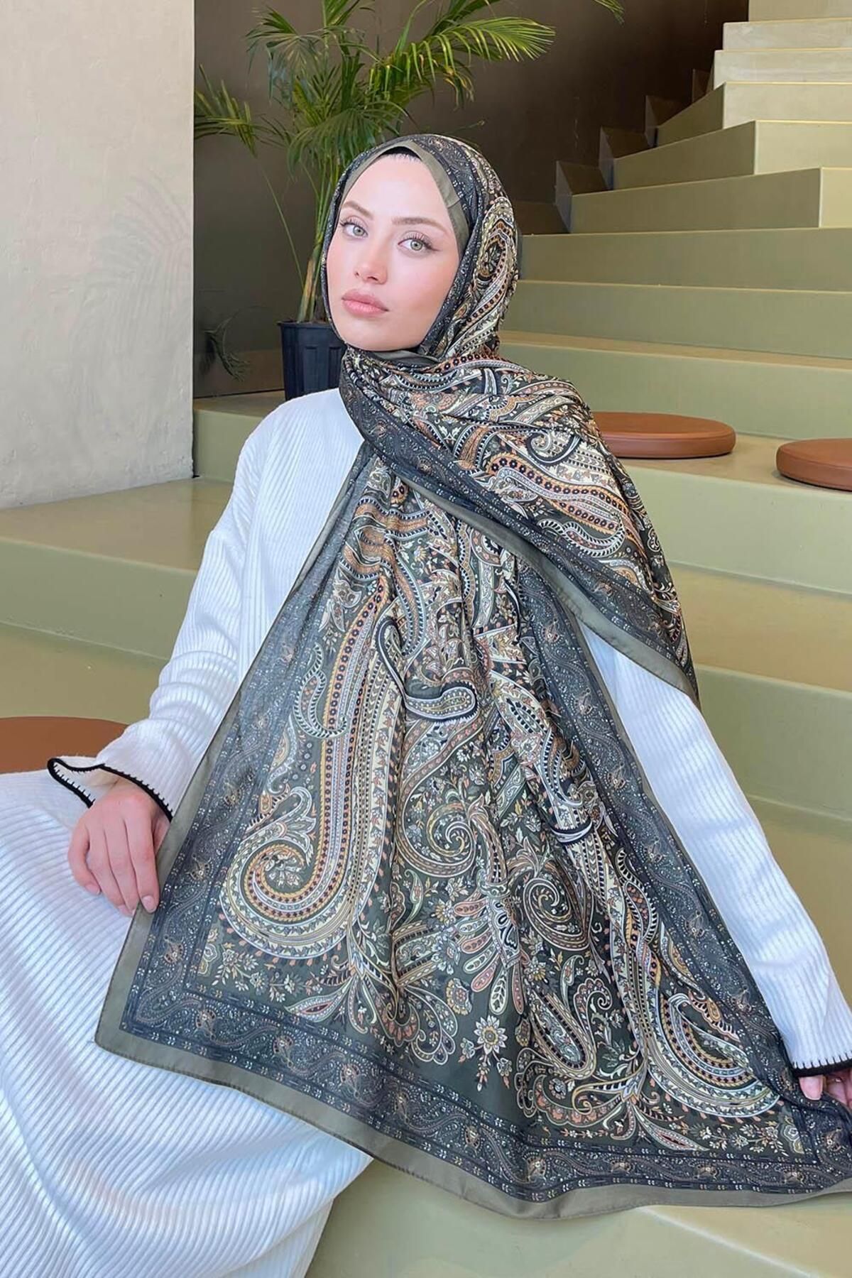lamelif.com-Khaki Color Retro Patterned Soft Shawl 2