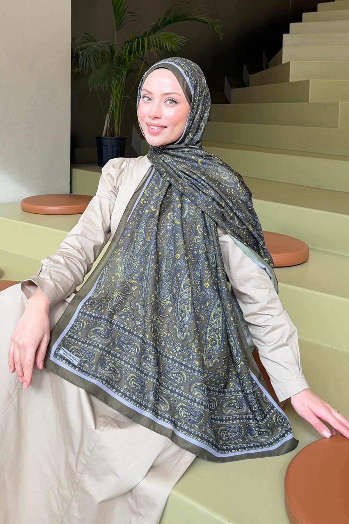 lamelif.com-Khaki Soft Shawl - Retro Patterned 2