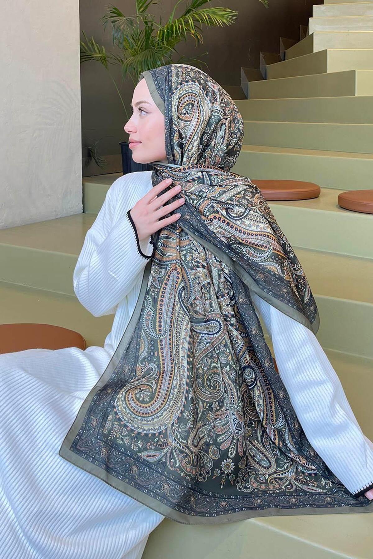 lamelif.com-Khaki Color Retro Patterned Soft Shawl 4