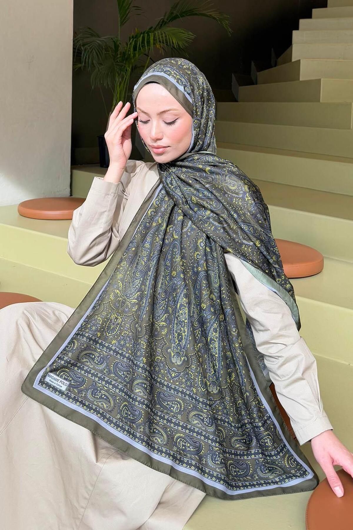 lamelif.com-Khaki Soft Shawl - Retro Patterned 3