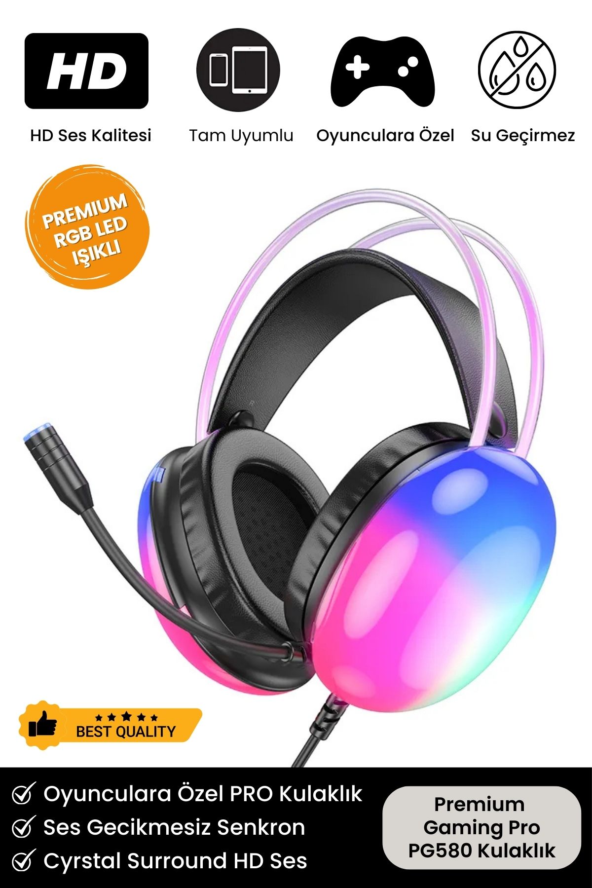 Noriyen PG 580 Pro Gaming Premium Mikrofonlu RGB LED Işıklı 5.3 Bluetooth Kablosuz Kafa Üstü Oyuncu Kulaklık