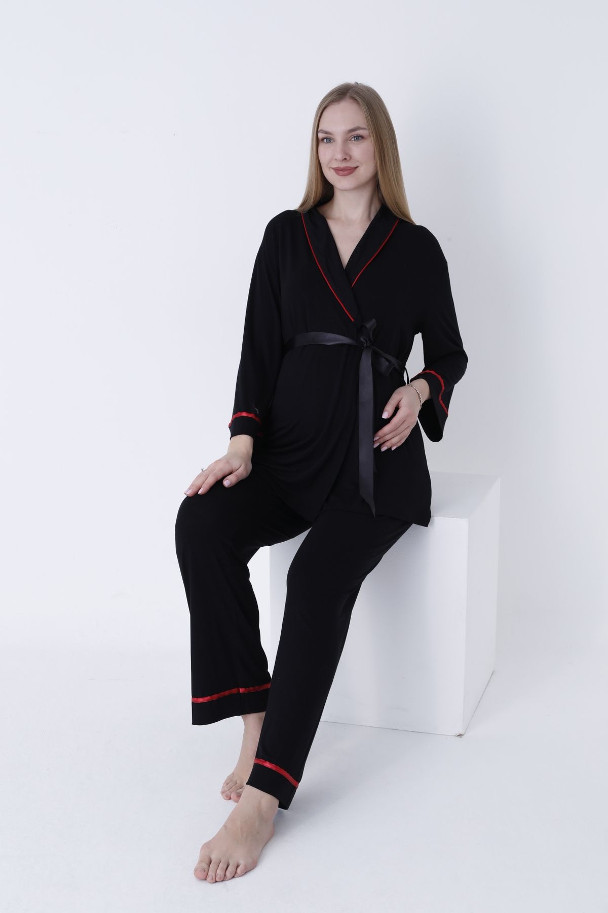 Miss Dünya Lissa-Pregnant and Maternity Pajamas Set with Front Tie and Large Stripe Collar 5