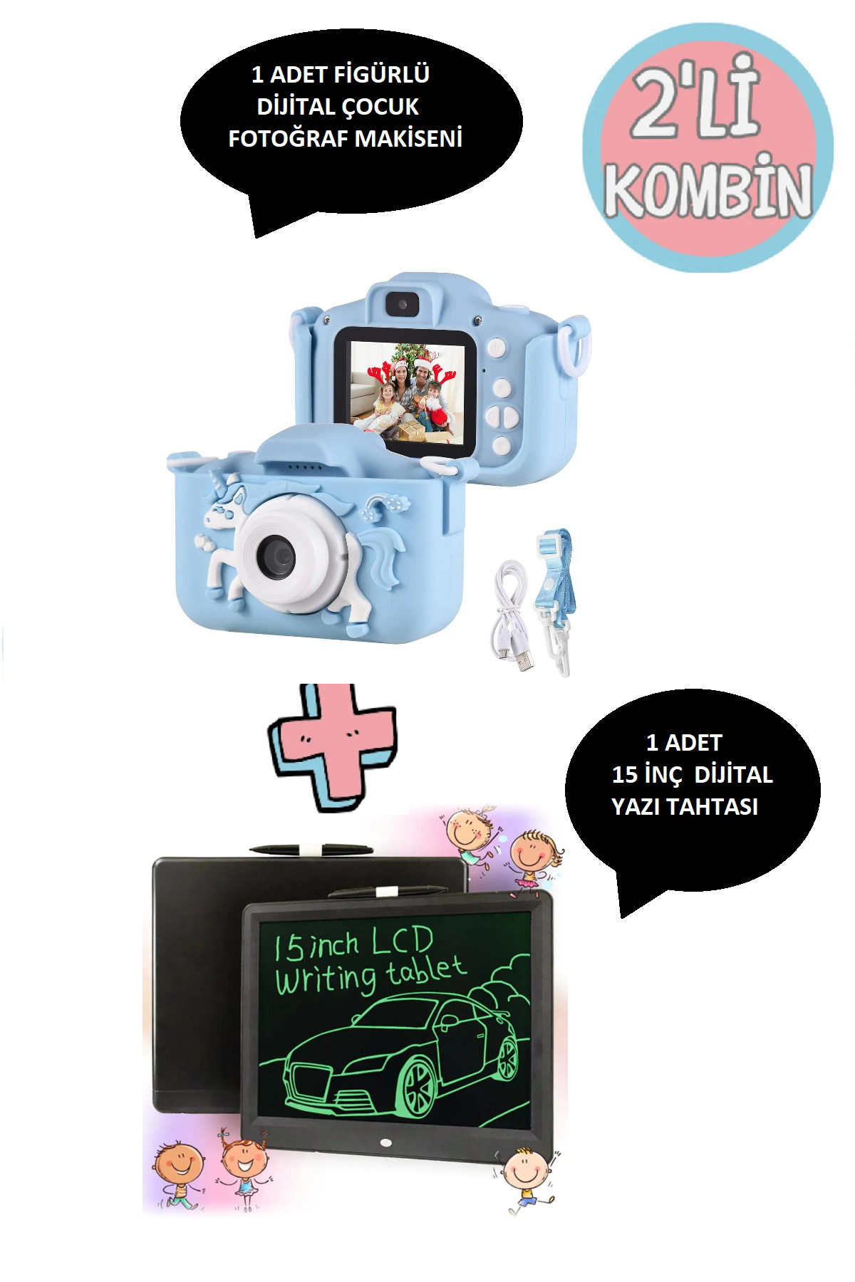 NARGO Çocuk Özel Set Mini Dijital Fotoğraf Makinesi Unicorn Figürlü Koruma Kılıflı+15 İnç Lcd Yazı Tahtası