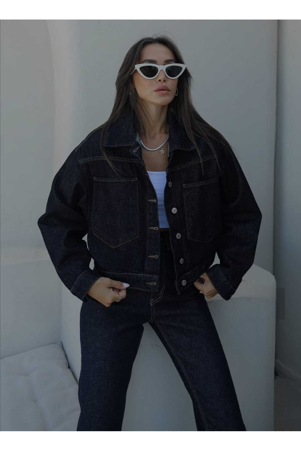 Pelin  LACİVERT KISA KOT CEKET OVERSİZE - Görsel 3