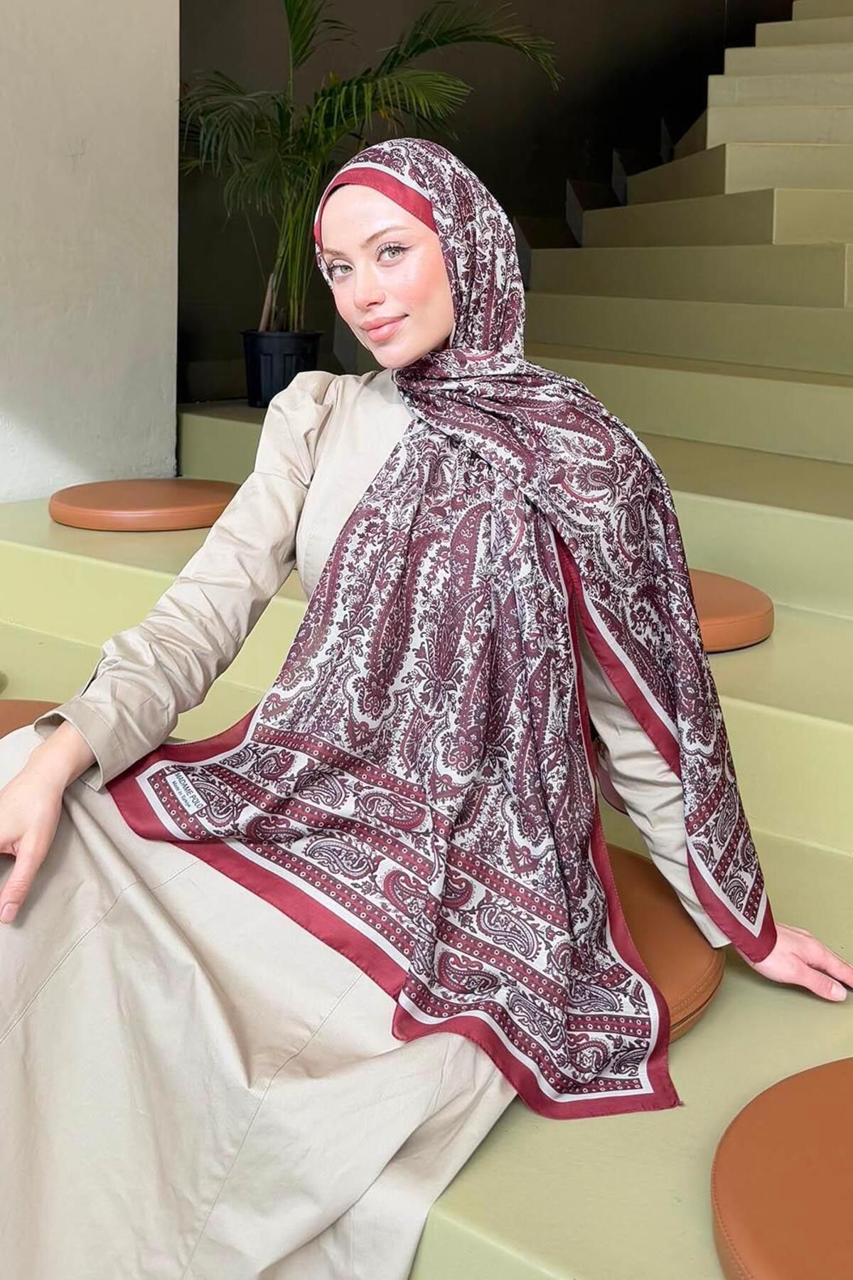 lamelif.com-Burgundy Beige Soft Shawl - Retro Patterned 2