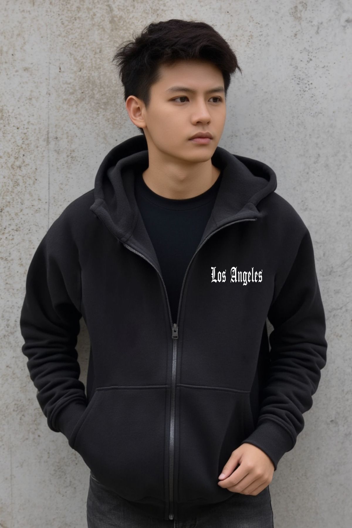 DEEPSENCE-Los Angeles Minimal Unisex Black Hooded Jacket 1