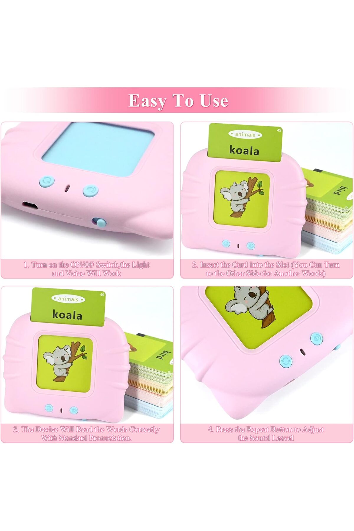 کارتهای فلش صوتی برای نوپاهای ۲ تا ۴ ساله، ۱۱۲ کارت، ۲۲۴ کلمه، اسباببازی آموزشی کلمات دیداری (صورتی)