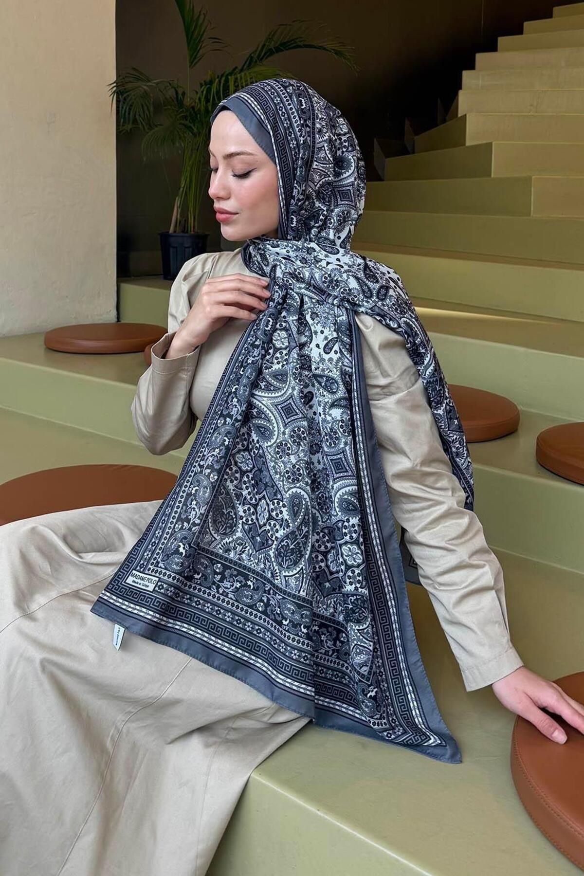 lamelif.com-Anthracite Retro Patterned Soft Shawl 3