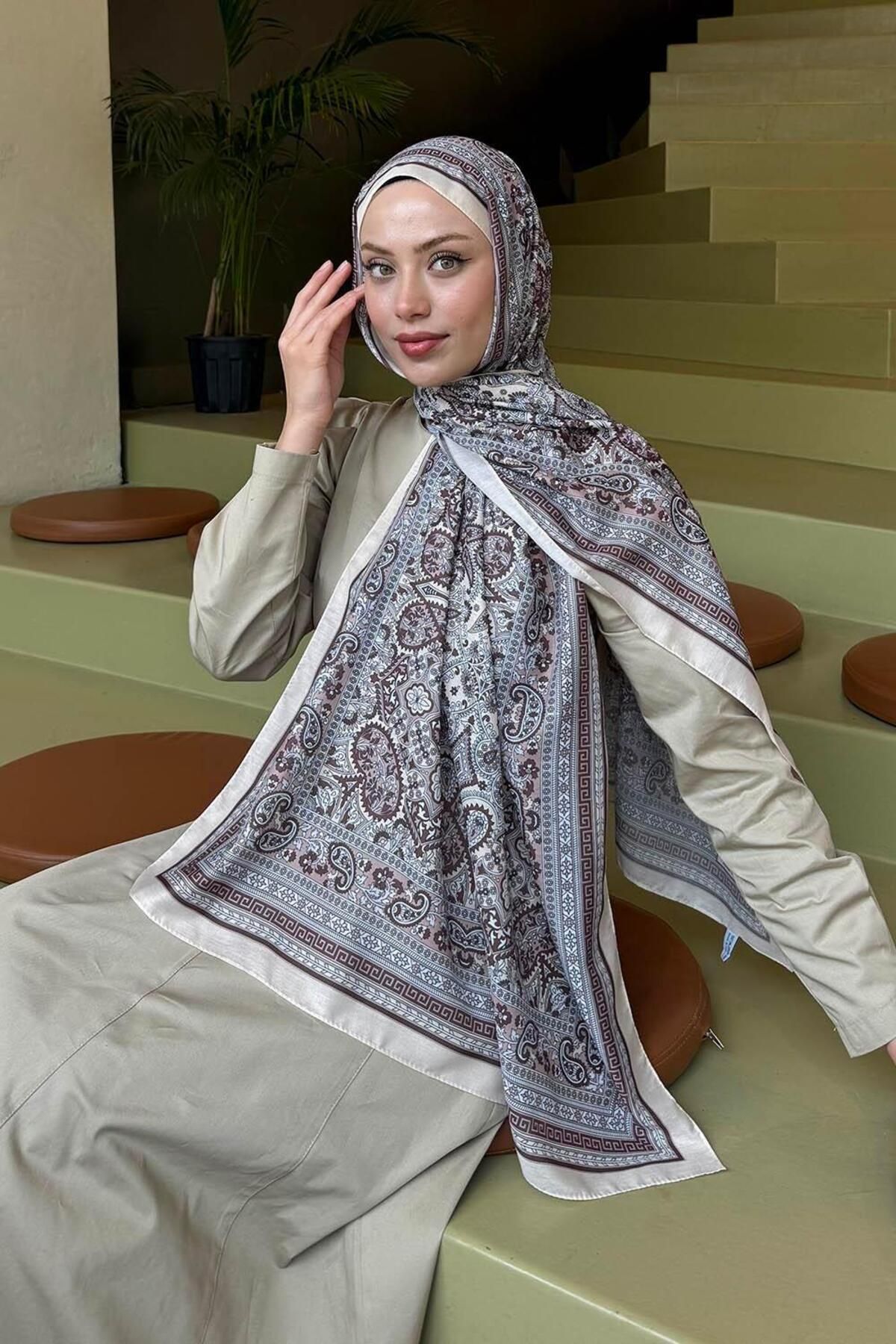 lamelif.com-Beige Retro Patterned Soft Shawl 3