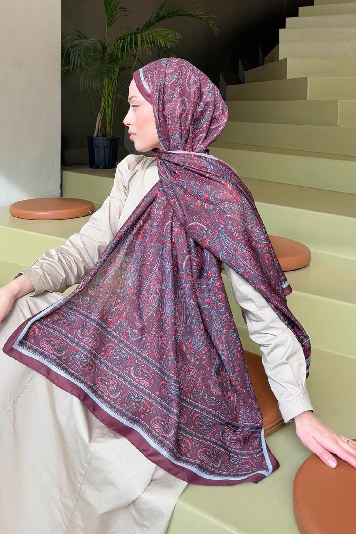 lamelif.com-Retro Patterned Soft Shawl Dark Burgundy 4