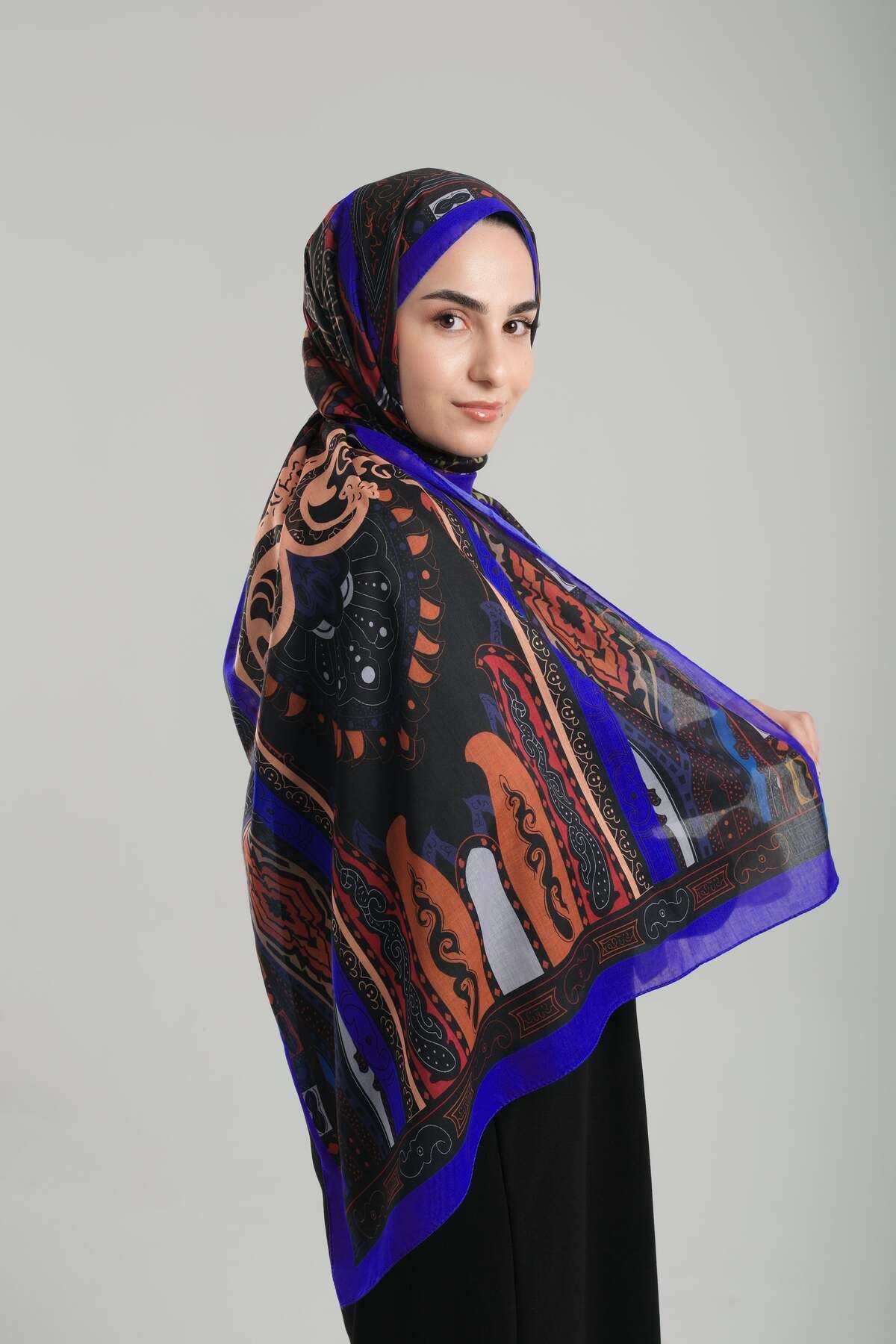 Giverny-Sax Blue Patterned Shawl Cut Out Fiber Cotton Ethnic Digital Printed 202124 _24 4