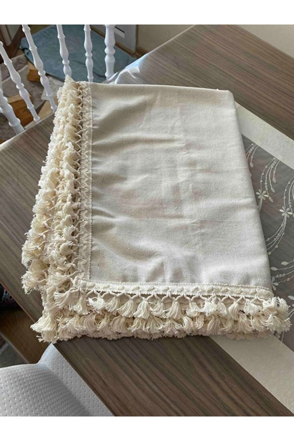 PAZARSEN-Organic Raw Linen Beige Pompom Tablecloth 3