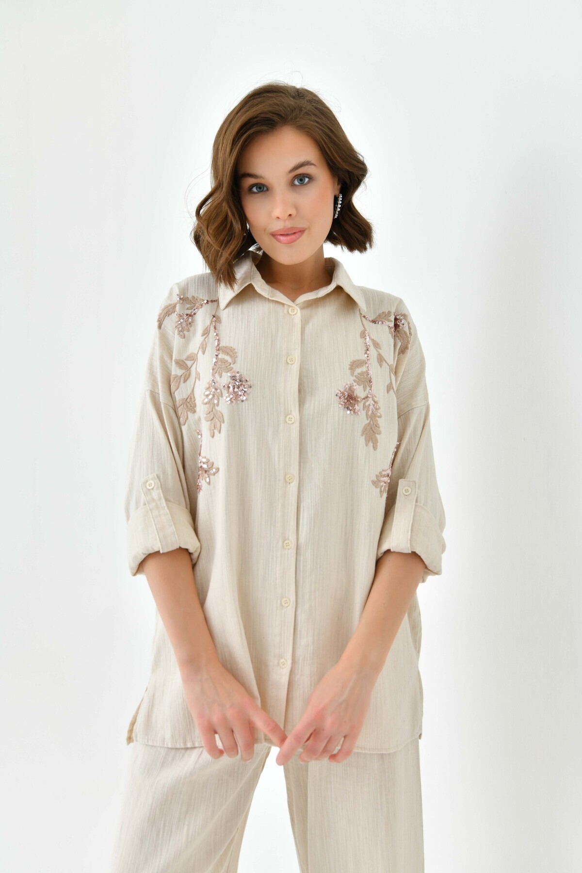 MVStore-Women's Sequin Embroidery Stone Embroidered Flam Linen Shirt and Pants Set 8