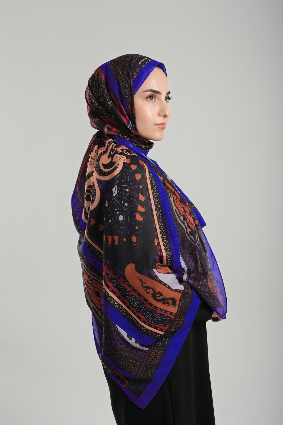 Giverny-Sax Blue Patterned Shawl Cut Out Fiber Cotton Ethnic Digital Printed 202124 _24 3