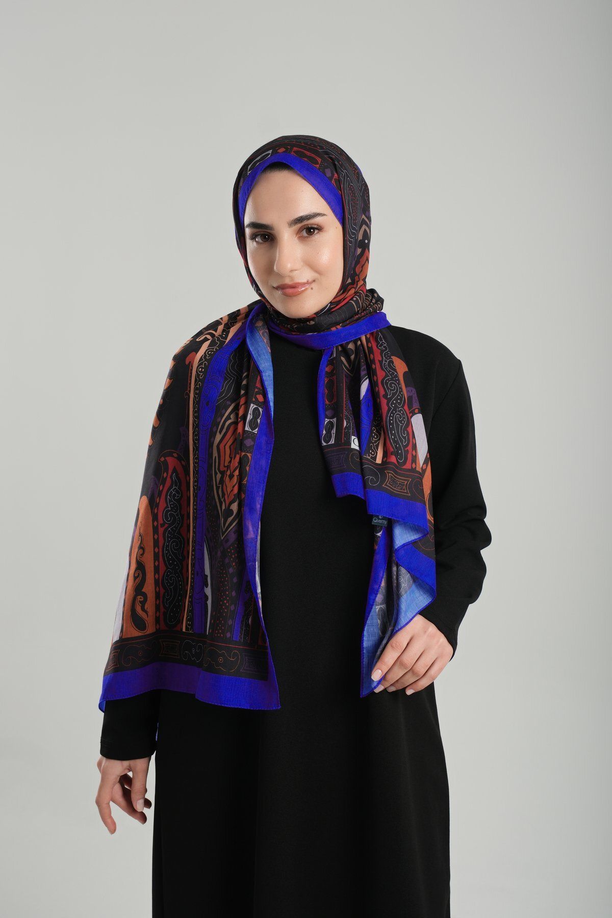 Giverny-Sax Blue Patterned Shawl Cut Out Fiber Cotton Ethnic Digital Printed 202124 _24 2