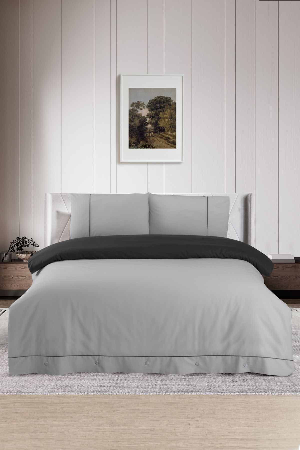 Pierre Cardin-Double Anthracite-Grey Cotton Duvet Cover Set - Ribbed 1