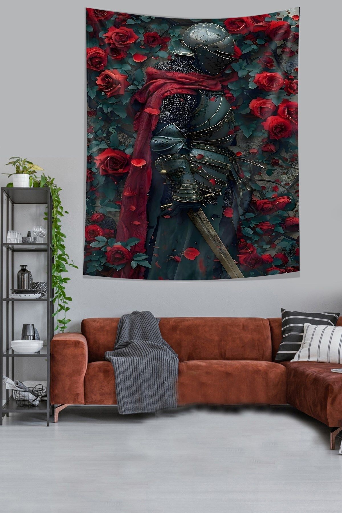 on the clouds-Red Rose Detailed Knight with Sword Tapestry - Non-Stick Fabric, Wall Cover and Carpet 3