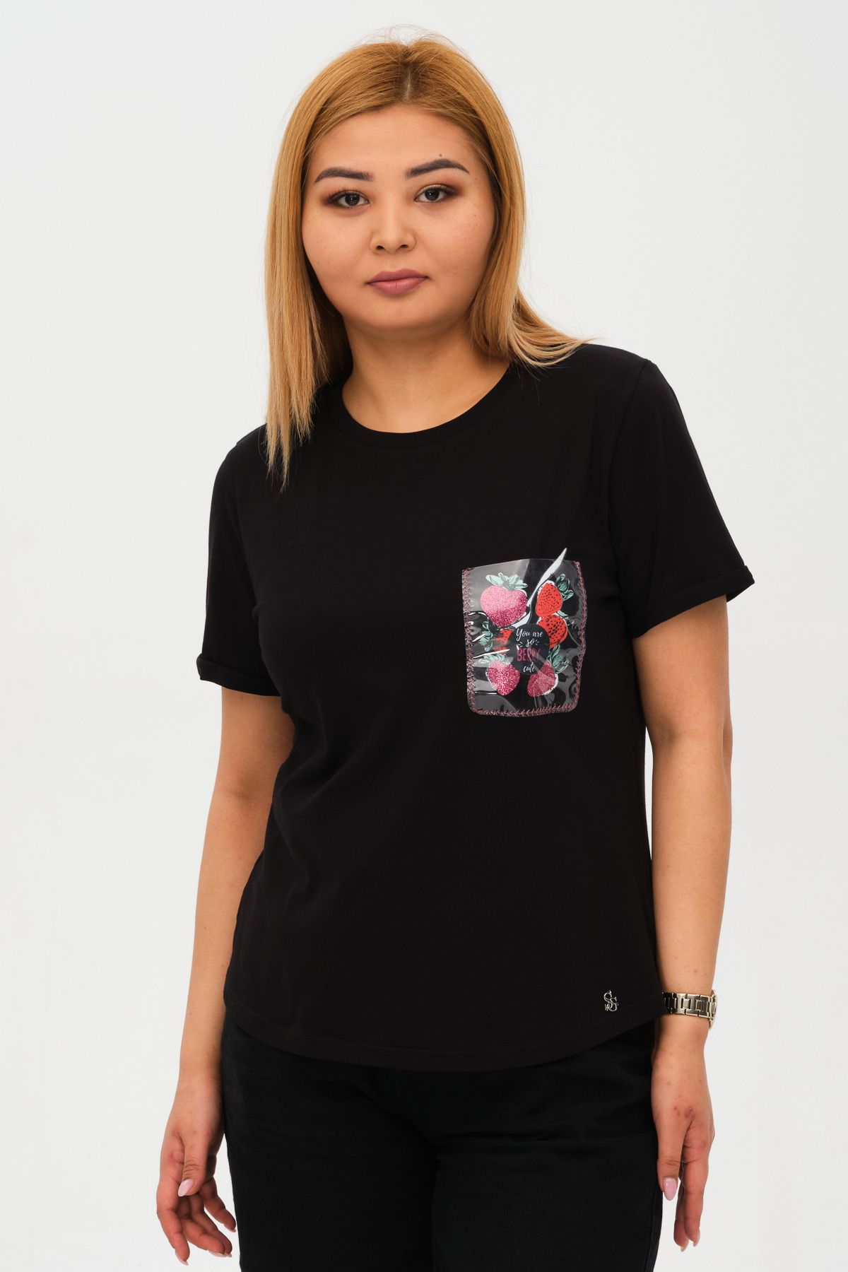 Sogo Siyah TSHIRT ŞEFFAF CEP KAPAKLI BASKILI