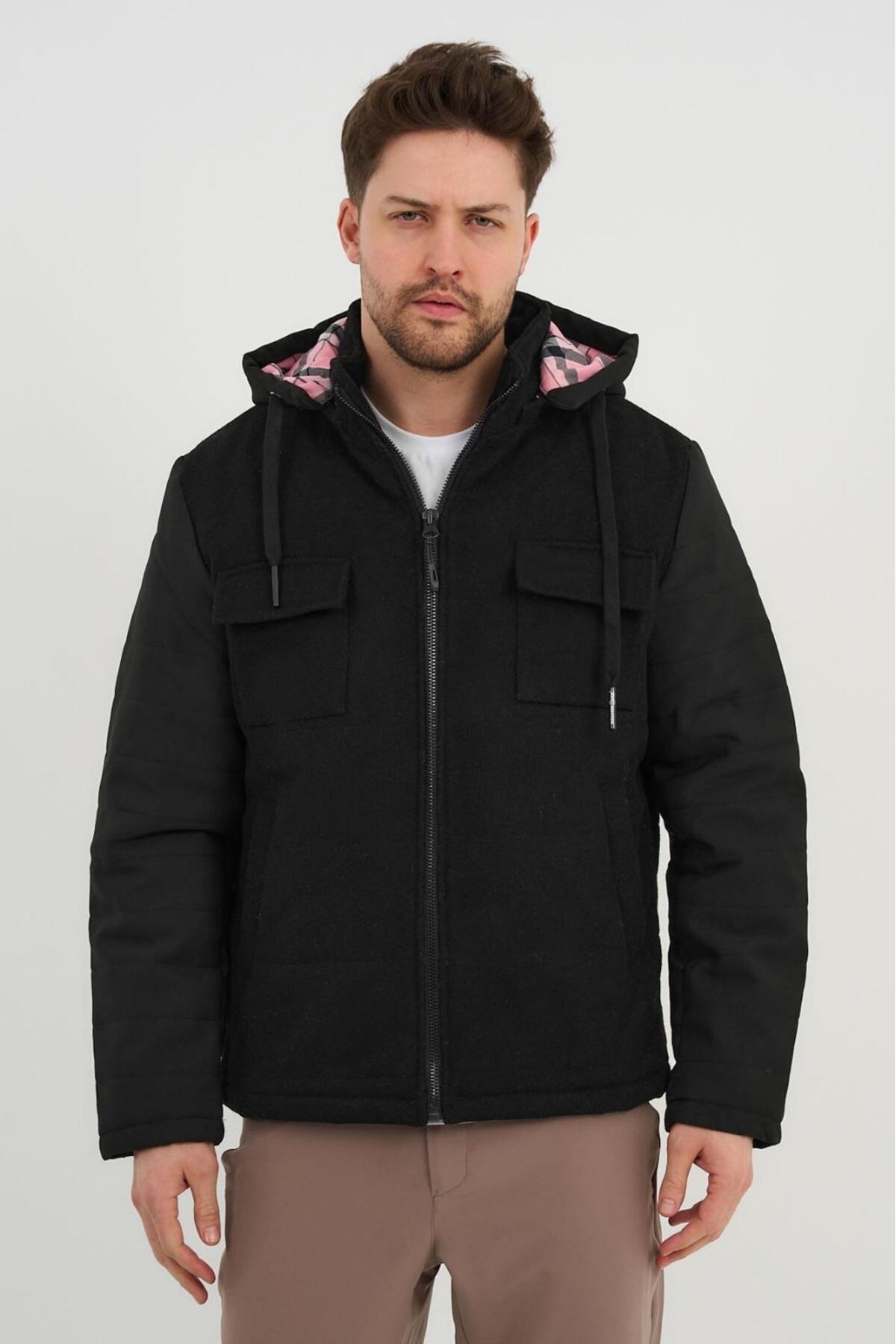 KAPÜŞONLU YÜNLÜ MONT (E20-379401) — مشکی — تصویر 3 از 5