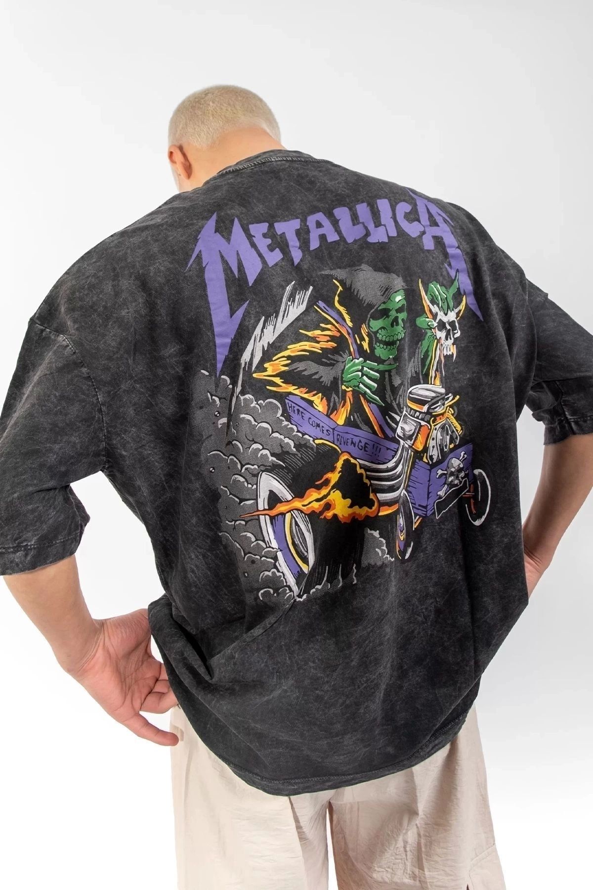 Violon Yıkamalı Metallica Mor Sırt Baskılı Unisex Oversize Tshirt