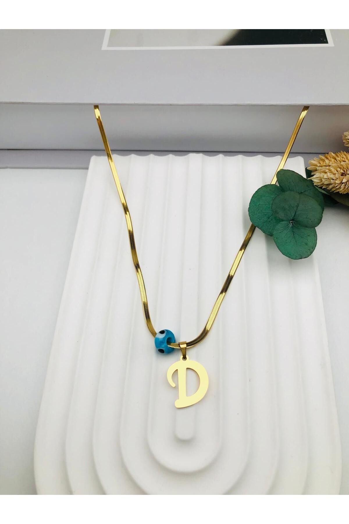 HEDİYELANDY Nazar Boncuklu İtalyan (D) Harf Çelik Kolye 45 Cm (Gold) 0106238
