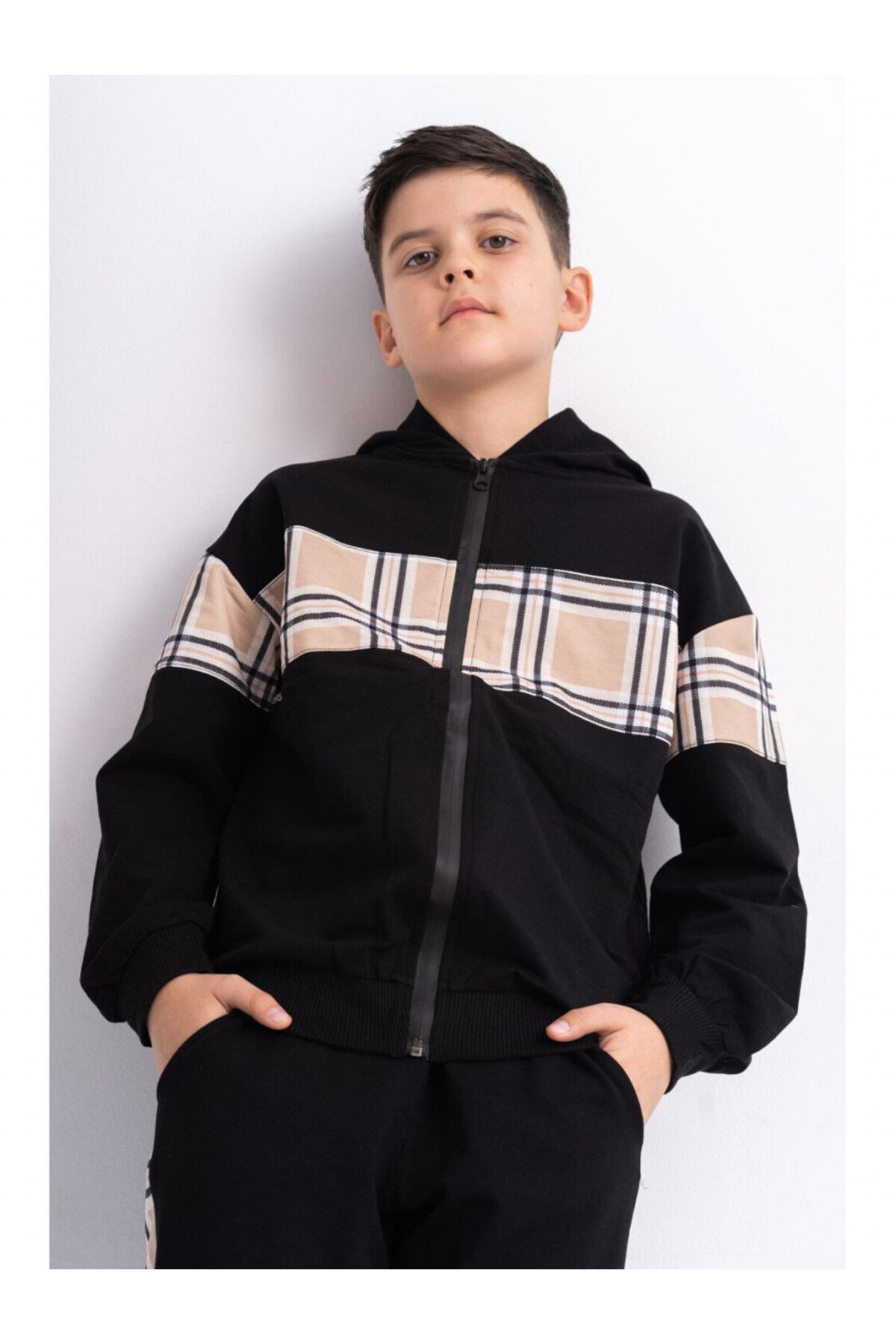 Purely Chic Trening Oversize Pentru Copii Din Bumbac Negru Cu Insertie Carouri Unisex - 9–10 years