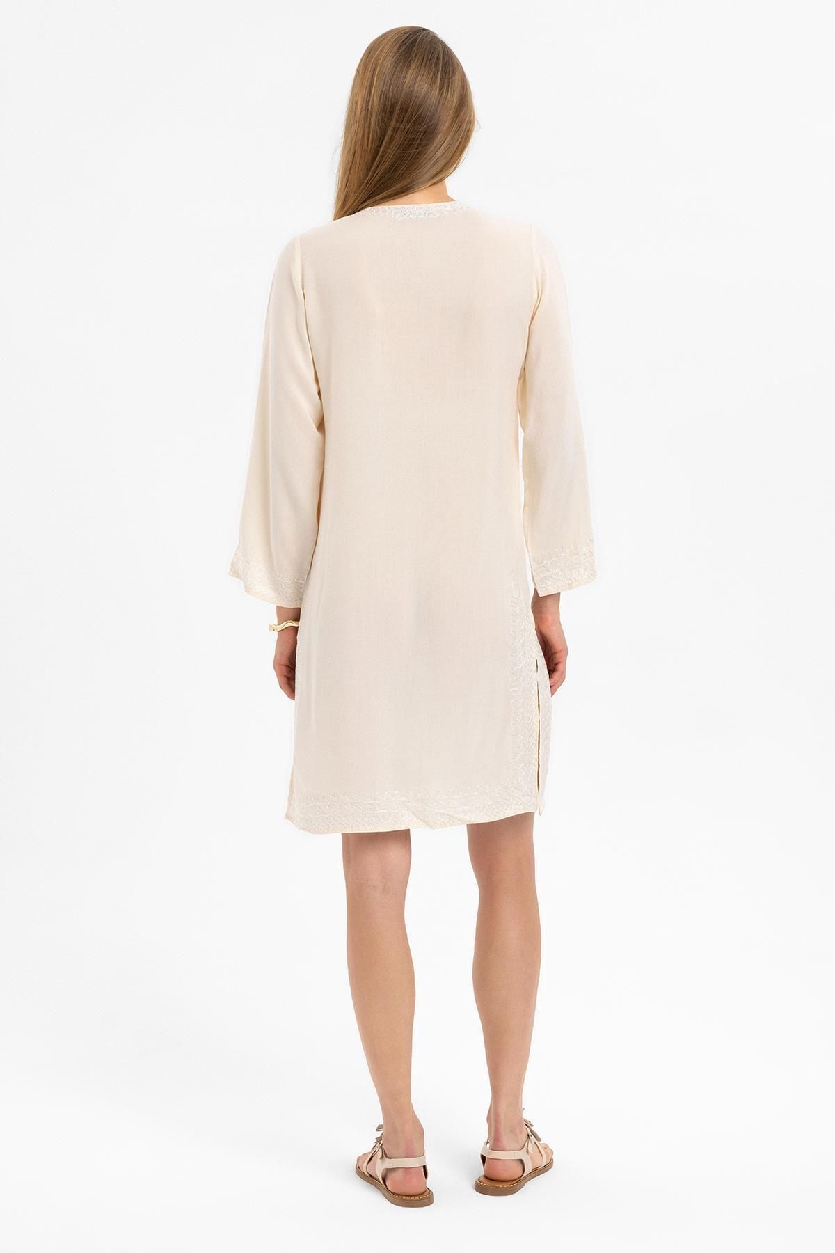Deriderim-Cream Embroidery Embroidered Long Sleeve Unlined Anti-Sweat Cotton Short Dress 7