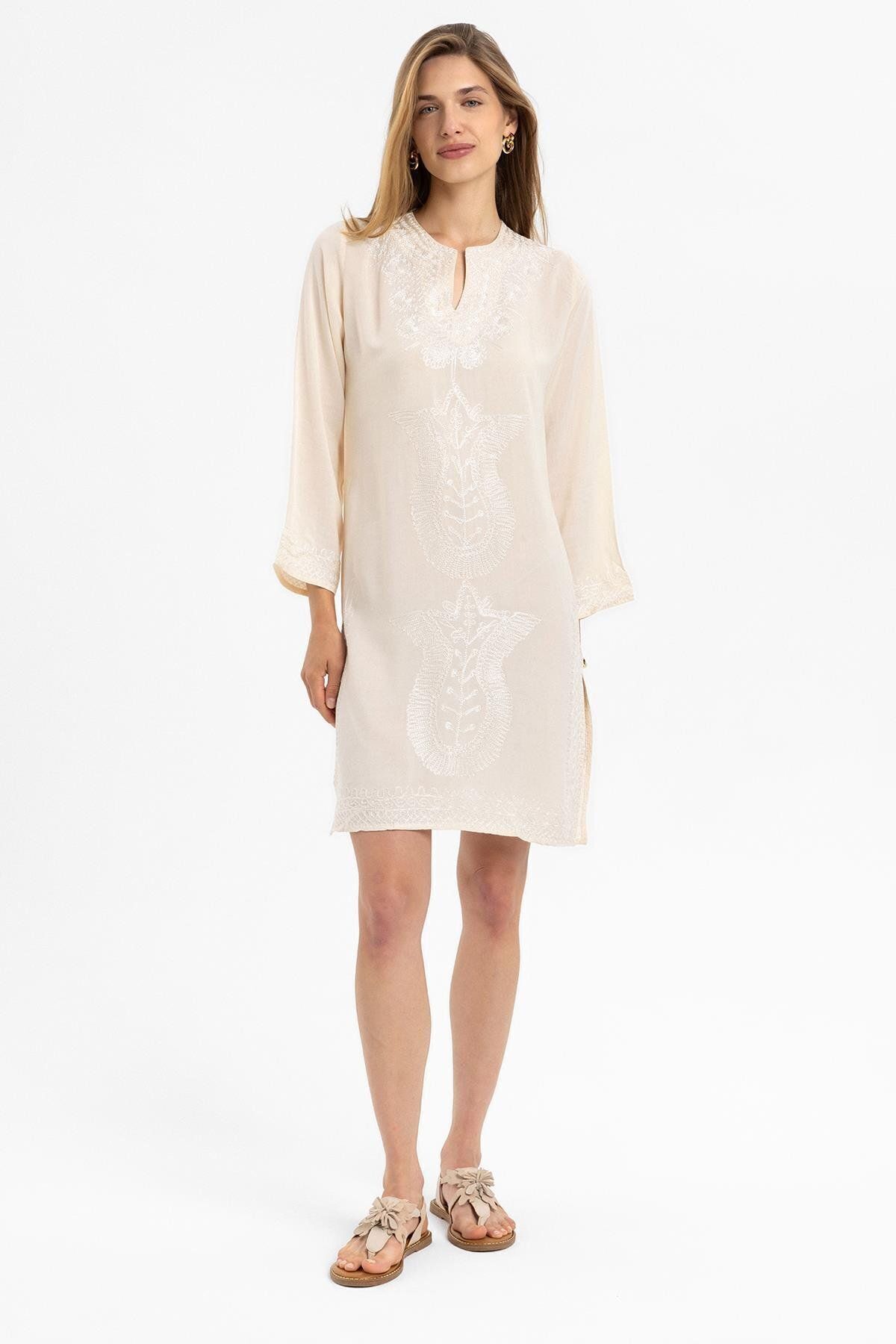 Deriderim-Cream Embroidery Embroidered Long Sleeve Unlined Anti-Sweat Cotton Short Dress 3