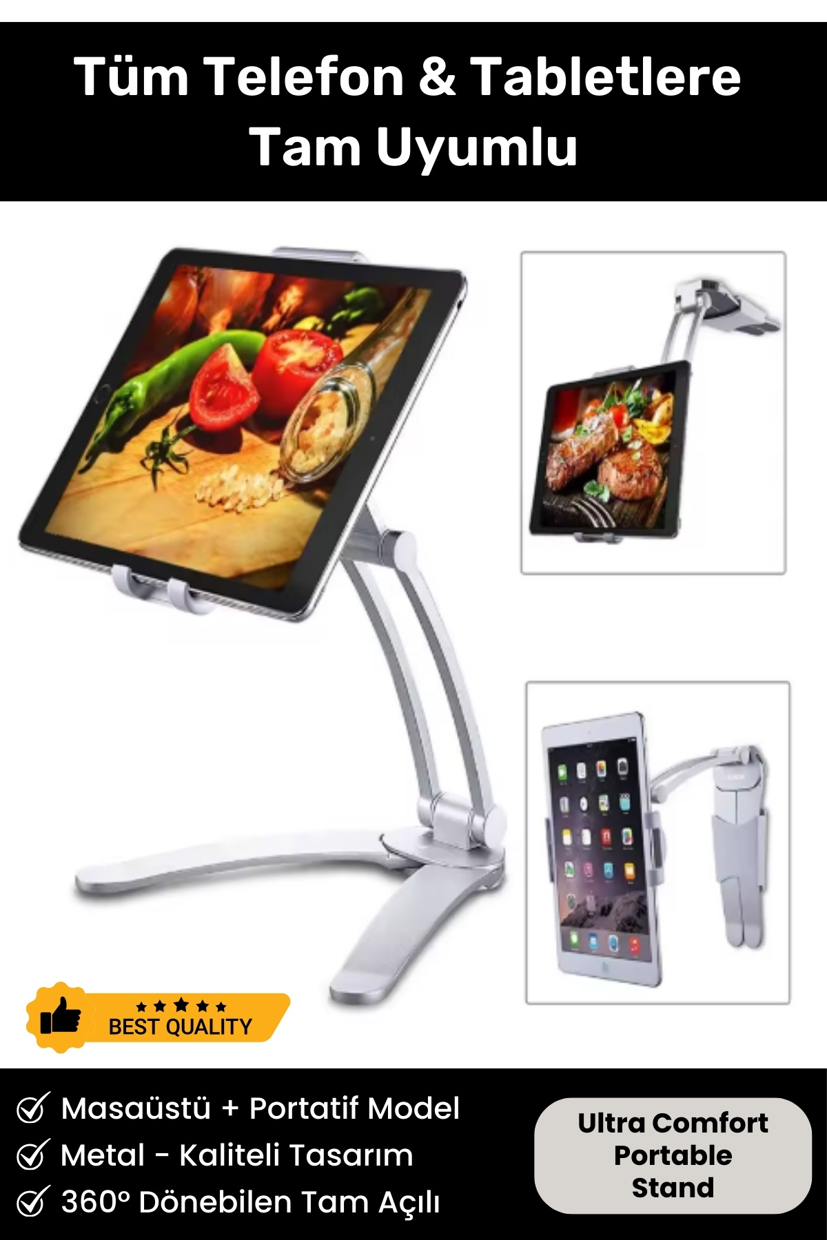 Çok Fonksiyonlu Portatif ve Masaüstü Tüm Telefon ve Tabletlere Uyumlu Metal Kasa Tutucu Stand Beyaz