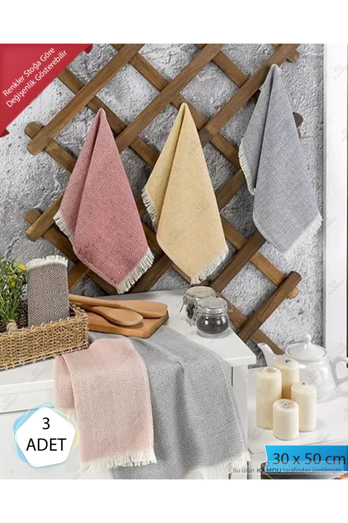 Jassya 3 Adet 30x50cm Elmas Desen Peşkir, Mutfak Havlusu, Sunum Havlusu, Kahve Yanı Sunum Peçetesi