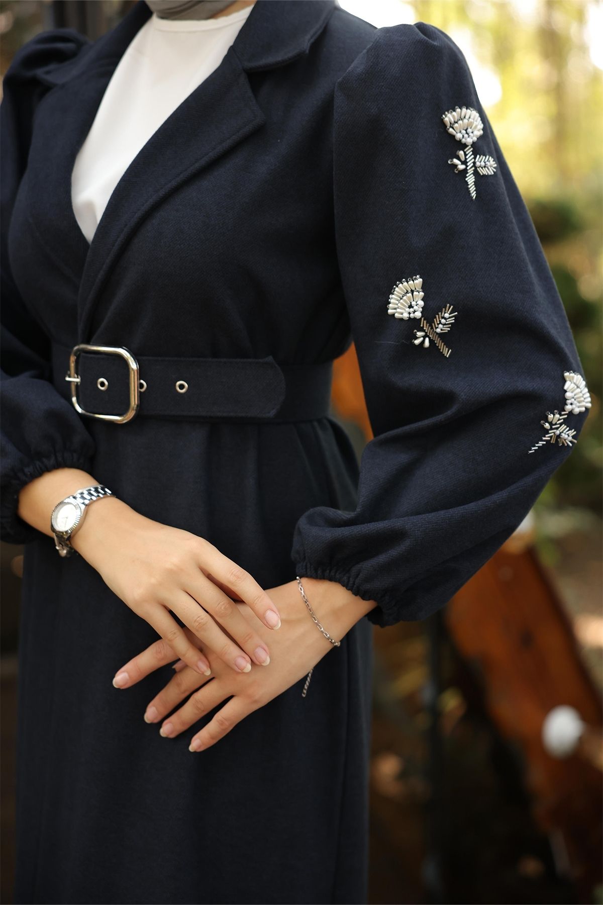 InStyle-Bead Embroidered Belted Navy Blue Cap 2