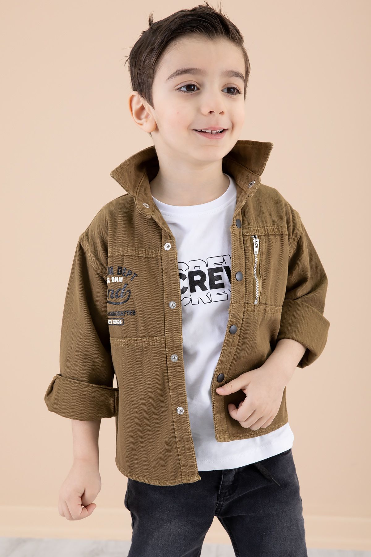 Cansın Mini-Boy's Tan Zipper Pocket Text Printed T-Shirt Jacket 20093 1