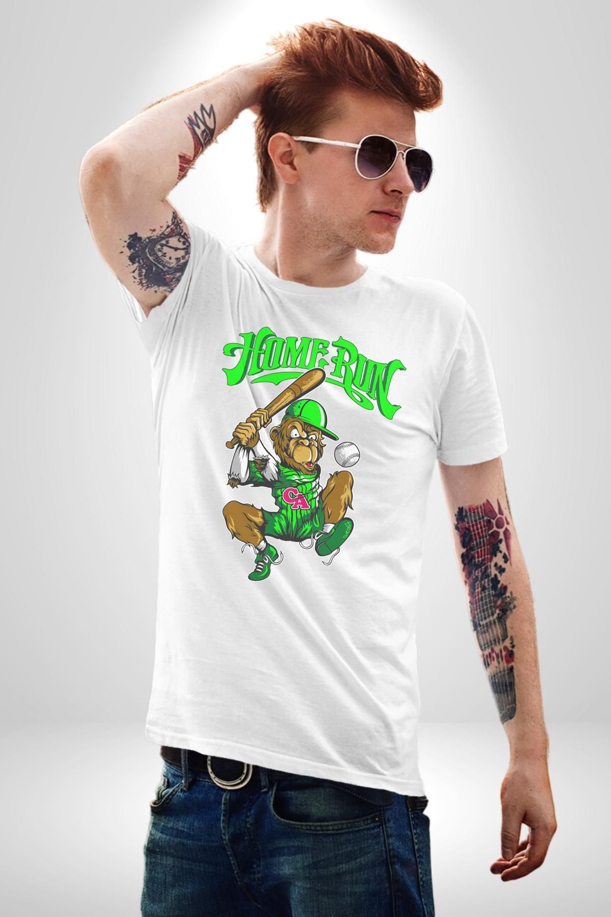 Navcoli-Home Run Monkey Baseball Fun Character Graphic Printed Cotton Combed Women Men White T-Shirt 5